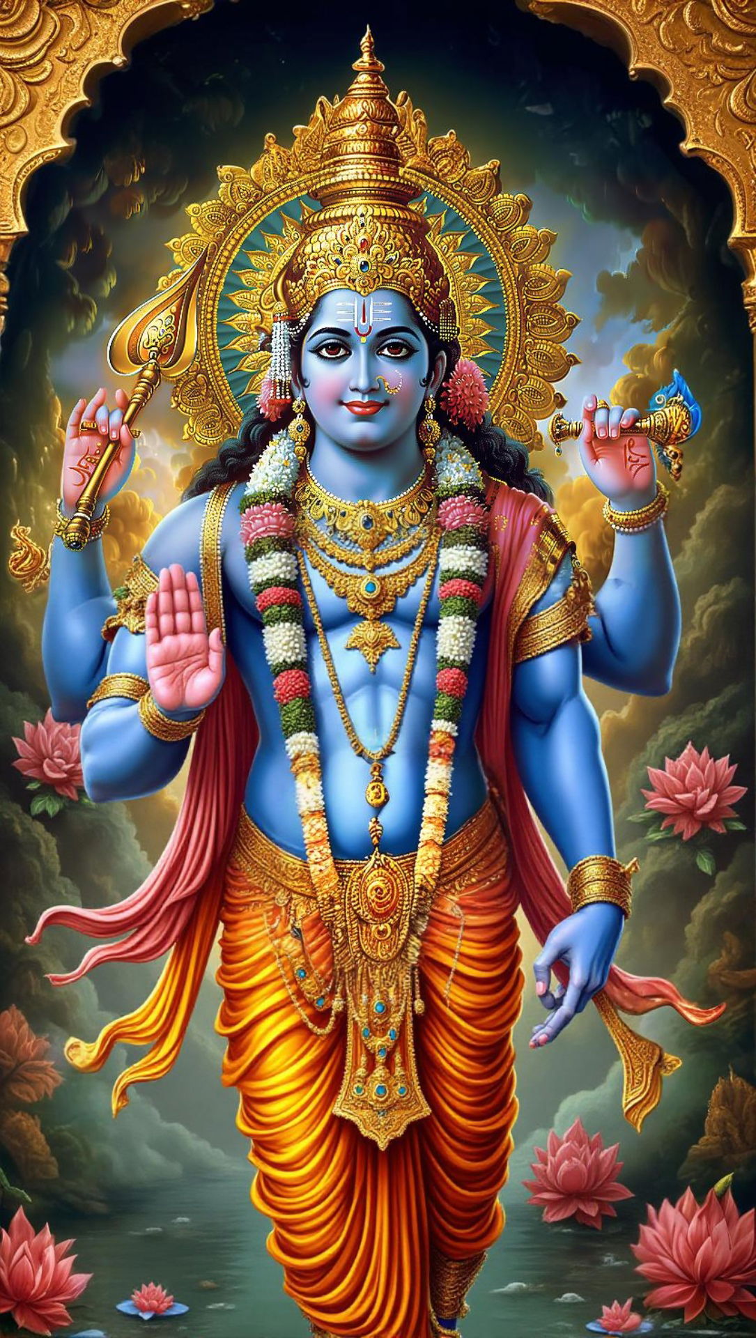Lord Vishnu holding divine emblems.