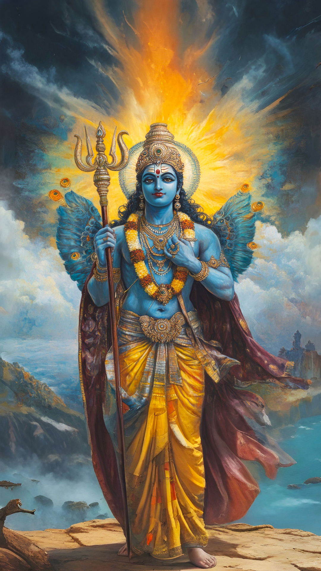 Lord Vishnu stands amidst clouds, divine.