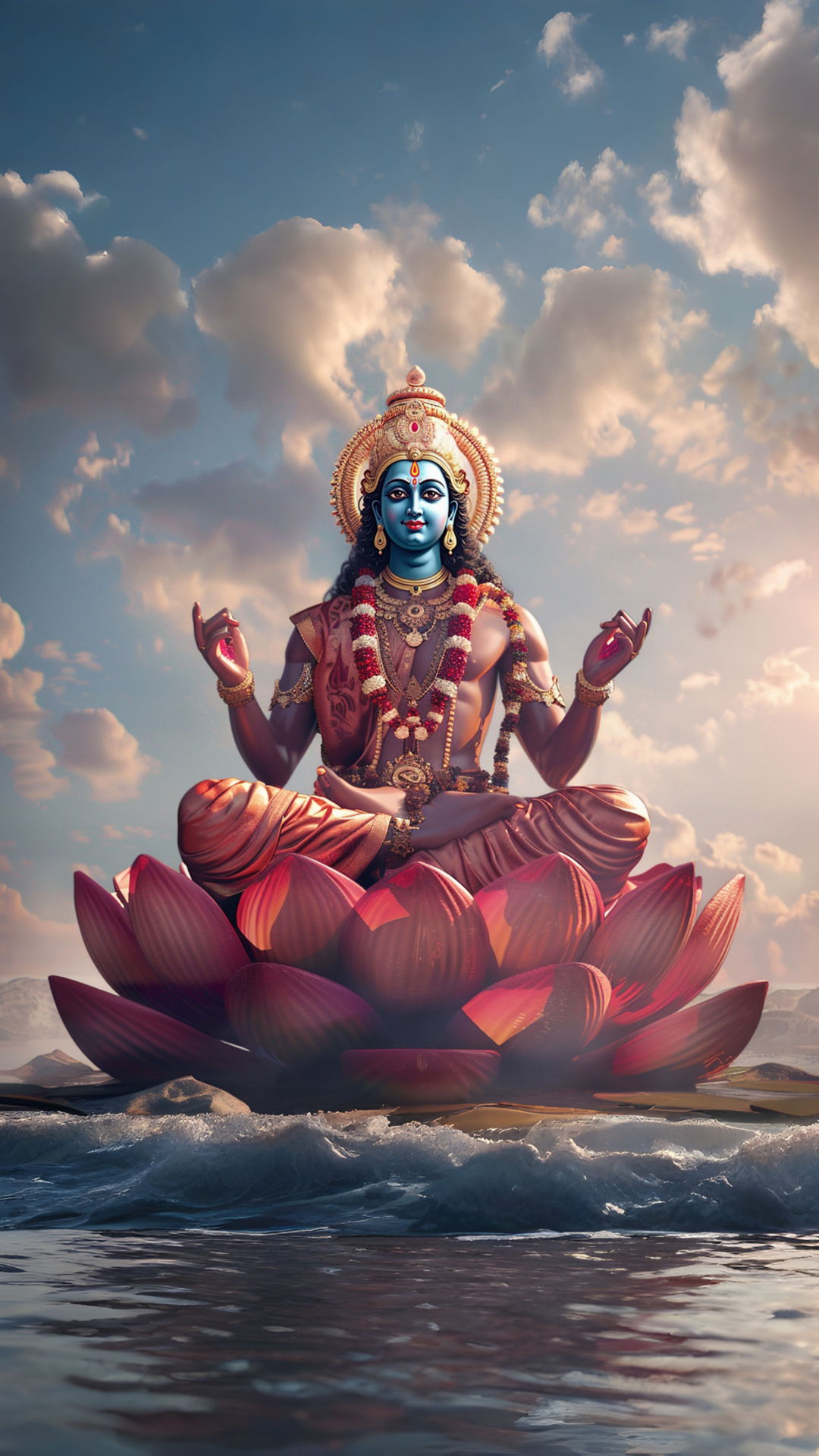 Vishnu seated on lotus in ocean